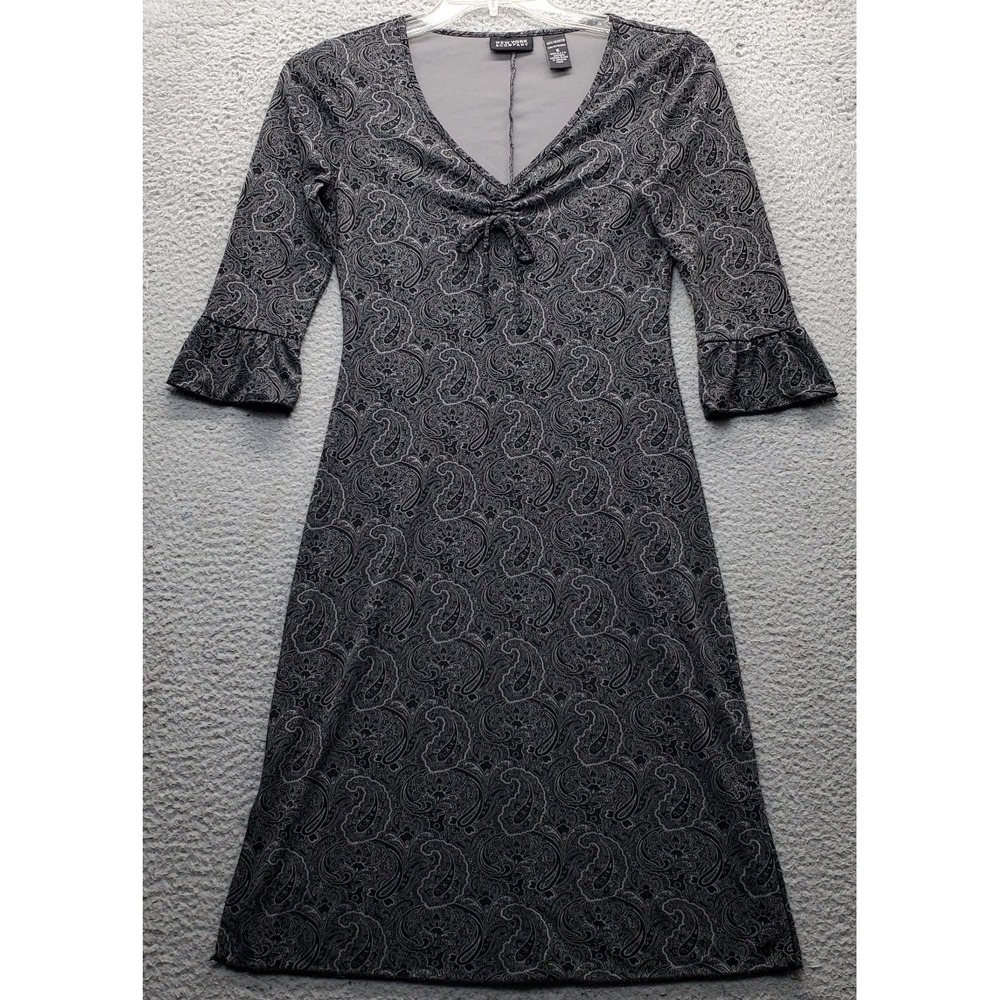 New York & Company A-Line Dress Womens S Multi Paisley V Neck‎ Ruched Tie Front
